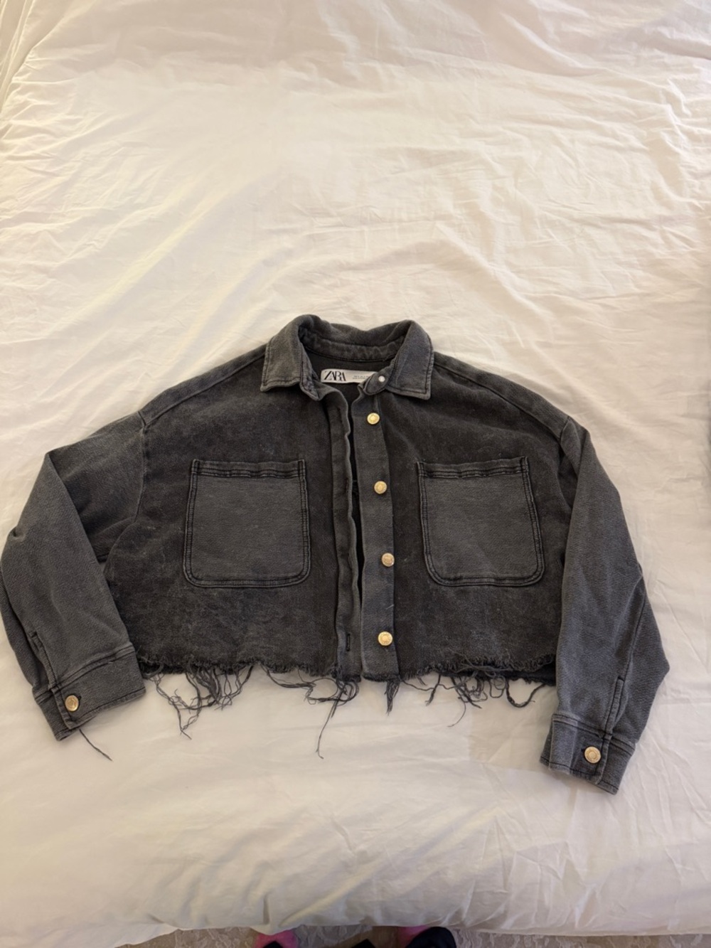 Zara Washed Black Cropped Denim Jacket with Raw Hem